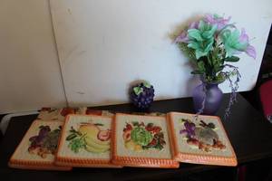 lot 48 image: Fruit Inspired Home Decor Items and Table Cloth as shown in pictures
