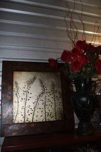 lot 107 image: Framed picture and large heavy vase with Rose floral arrangment