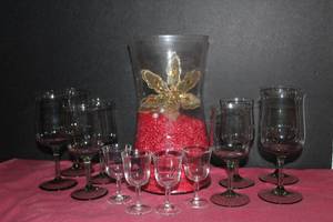 lot 114 image: Green Mist Crystal Glasses and Clear Cordial Glasses and Vase