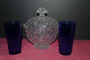 lot 115 image: Colbalt Blue Glasses and Crystal Covered Bowl Pictured as Shown