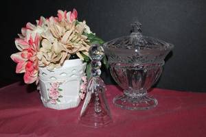 lot 116 image: Crystal Covered Dish, Crystal Bell and Floral Arragment