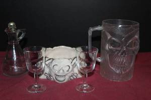 lot 118 image: Home Decor Items Pictured as shown, Cruet bottle with Stopper and Cordial Glasses