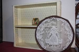 lot 128 image: Vintage Shelf, Baseball Toothpick Holder and Wall Decor item Pictured as Shown