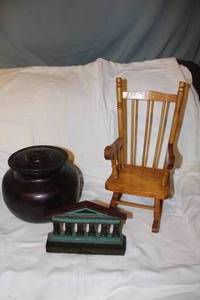 lot 135 image: Vintage Doll Chair, Heavy Door Stop and Custom Painted Wooden Container with Lid