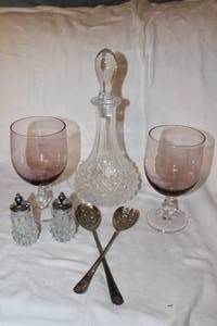 lot 150 image: Amethyst Glasses, Crystal Decanter and matching salt and pepper Shakers, Silver plate Service Silverware