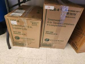 lot 14 image: Greenware 6 square 4 compartment containers (300) and 6 square lids (300)