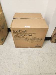 lot 62 image: Eco-Craft NAT-E883RAVTWF Eco-Flute 8 x 8 x 3 corrugated clamshell container with viewfinder. Great for your grab and go restaurant, convenience store, food truck or deli to go items