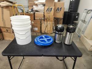 lot 112 image: Selection of 2 pump liquid dispensers and 2 5 gallon buckets with lids