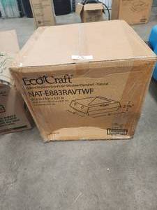 lot 136 image: Eco-Craft NAT-E883RAVTWF Eco-Flute 8 x 8 x 3 corrugated clamshell container with viewfinder. Great for your grab and go restaurant, convenience store, food truck or deli to go items
