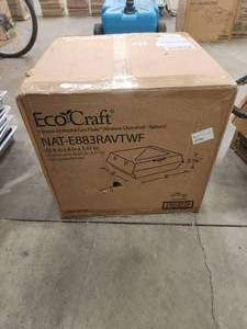 lot 130 image: Eco-Craft NAT-E883RAVTWF Eco-Flute 8 x 8 x 3 corrugated clamshell container with viewfinder. Great for your grab and go restaurant, convenience store, food truck or deli to go items
