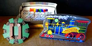 lot 69 image: RARE FIND - Mexican Train Game Tiles Dominoes Collectors Tin Fundex 2003 Complete $$