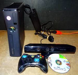 lot 100 image: $$$ Microsoft Xbox 360 S Console Model 1439 with Power Supply, Kinect Sensor, 1 Game Controller, and The Smurfs Game - WORKS PERFECT