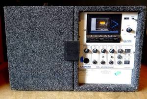 lot 252 image: VINTAGE CALIFONE CR100 ROLL AROUND SOUND PORTABLE SPEAKER SYSTEM WITH CASSETTE PLAYER & SHURE BG 1.0 MICROPHONE $$$