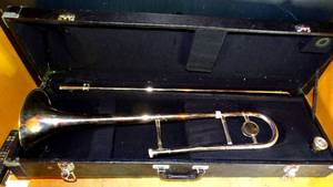 lot 291 image: BIG $ ITEM - SILVER NICKEL TROMBONE - COMPLETE IN HARD CASE