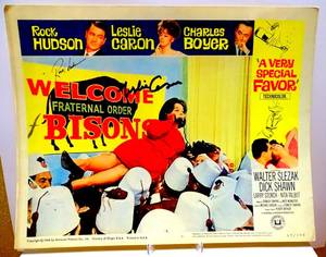 lot 340 image: BIG $ ITEM -  AUTOGRAPHED VINTAGE MOVIE LOBBY CARD BY ROCK HUDSON AND LESLIE CARON FROM THE MOVIE A VERY SPECIAL FAVOR 1965