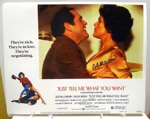 lot 355 image: RARE AUTOGRAPHED MOVIE LOBBY CARD - SIGNED BY ACTRESS ALI MCGRAW FROM JUST TELL ME WHAT YOU WANT 1980