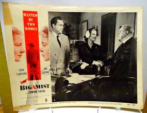 lot 356 image: RARE VINTAGE AUTOGRAPHED MOVIE LOBBY CARD 11 X 14 - 1953 THE BIGAMIST HAND SIGNED BY ACTRESS JOAN FONTAINE $$$
