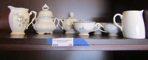 lot 16 image: Threshold creamer dish, Margaret creamer dish, various types of tea cups, 1 white covered sugar dish