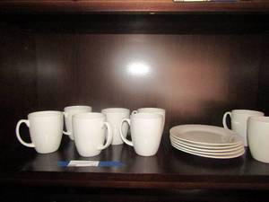 lot 17 image: Corelle stoneware white coffee cups qty 8, Royal Norfolk saucers qty 5