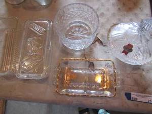 lot 23 image: Covered bread dish (8X3) 1 WTH & 1 WITHOUT LID, Divided gold trim dish, thick glass candy dish 46 crystal, Covered Anna Hutted frosted glass candy dish lead crystal