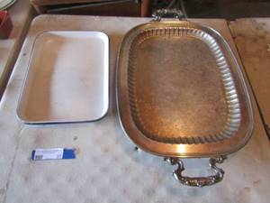 lot 27 image: 2214 silver platted handled platter, 1410 Metal blue trim white platter