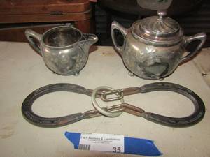 lot 35 image: Reeds& Barton 8134 silverplate covered sugar dish, Reed& Barton 3184 silverplate creamer dish, Diamond Hot forged horse shoe brands