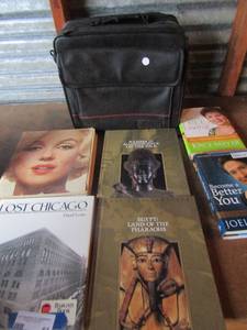 lot 61 image: Computer bag or book bag By Argus, various books include Lost Chicago, Marylin Mailer, Lost Civilization and more
