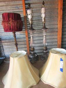 lot 70 image: clear glass bed side lamps with metal base and shades, 35 tall--- Red and bronze bedside lamp 29 tall with shade