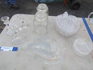 lot 80 image: 3 crystal candle holders, 6 clear glass leaf plates, coasters and more