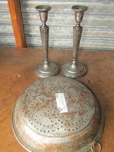 lot 97 image: Sterling candlestick holder 10 qty 2,   12 diameter strainer