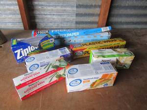 lot 110 image: New and used boxes of , freezer paper- sandwich bags- Double zipper seal storage bags- plastic wrap
