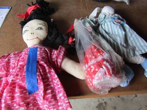 lot 115 image: Easter Bunny, 10 porcelain Doll new in red dress, plush Doll  in pink dress with black hair qty 3 items in lot