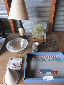 lot 120 image: 18 inch cream color lamp with shade, blue farm dcor tray, heart design metal dcor, candy funnel and more