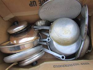 lot 132 image: box of misc. pots and pans and lids, sauce pans and more.