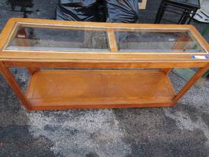 lot 137 image: 265416 Couch table blonde wood 2 piece glass top seperated, with bottom storage area very nice