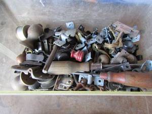 lot 161 image: plastic tool caddy with latches, files, foldable measuring stick, clamps, vintage wheels and more