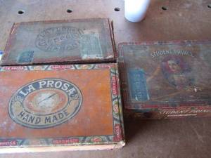lot 172 image: vintage cigar boxes, (QTY 3) good condition picture shows names and prices back when