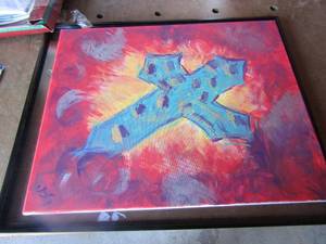 lot 177 image: Canvas painting 2016, misc. Christmas cards and envolopes, 2218 clear glass frame