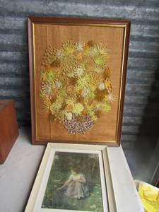 lot 183 image: CROCHET ART  FRAMED 2314   &  1113 framed girl art with flowers in a field