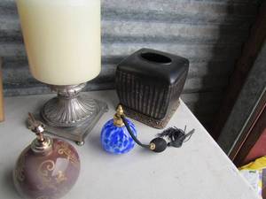 lot 188 image: dcor soap comtainer, blue glass pump sprat peerfume bottle , napkin cover , large candle holder with candle