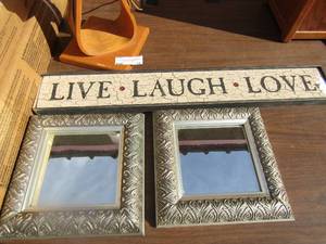 lot 37 image: 427 live, laugh, love wall art, 99 silver framed wall mirrors qty 2,   19 side lamp wooden horse shoe design with shade unknown working order