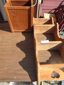 lot 38 image: 12108 wooden waste basket, 3211 wooden wall shelf for nick knack items