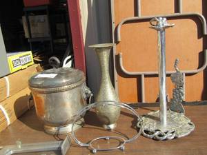 lot 51 image: Silver plated lot includes ice bucket, vase, paper towel holder, and more