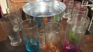 lot 68 image: Double handled metal bucket, various lot of clear and colored glasses for tea water very nice