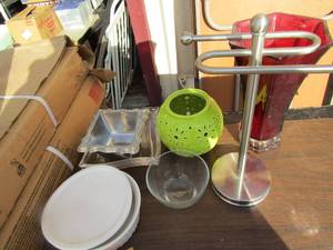lot 70 image: Covered corning bowl, paper towel holder, red vase, much more