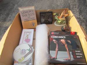 lot 91 image: Box of misc.items, gliding core disk, Lemony Snecket book,Game of Thrones,  ducks, coasters and more