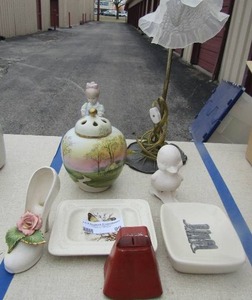 lot 99 image: glass shade desk top lamp, covered hand painted Nippon dcor, cow bell, treasure craft soap dish and more