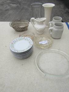 lot 100 image: eternal love pattern saucers qty 8, peace mason jars qty 2, candy dishes qty 2, 2 flower vases