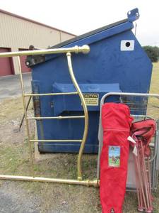 lot 109 image: metal fold up metal frame cot, queen size gold frame headboard, various lawn chairs qty 3