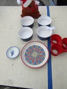 lot 113 image: world market blue soup bowls qty 4, Dansk saucer, 3 red egg cups, teddy bear napkin holder new